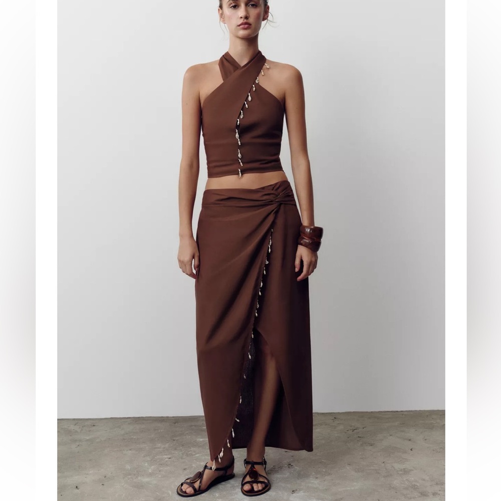 NWT Zara XS SKIRT ONLY Chic Brown part of Coord Matching Skirt Set Linen boho